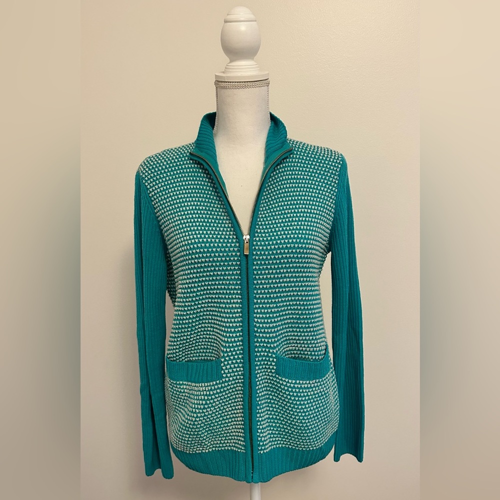 St. John mock neck zipped wool sweater with pockets, size S, teal